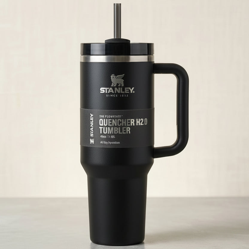 Black Stanley tumbler with handle and straw on a light background