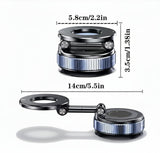 Camera lens with dimensions displayed on a white background