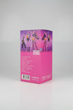 A hand holds a pink retail box for a K-pop themed wireless headset. The back of the box features illustrations of three female anime-style characters with swords and displays product specifications in white text.