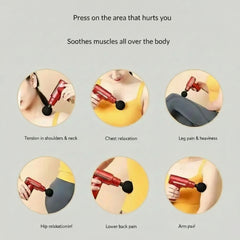 Product demonstration with close-up images of a massage gun being used on different parts of the body.