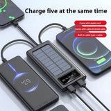 Multiple devices being charged by a solar power bank with text indicating charging capabilities.