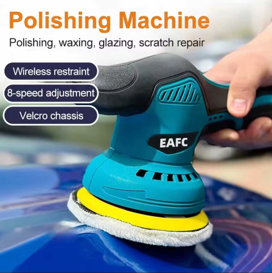 Polishing machine with hand holding it, used for polishing, waxing, glazing, and scratch repair.