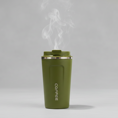 grey coffee tumblers with steam rising from the black one on a wooden surface.