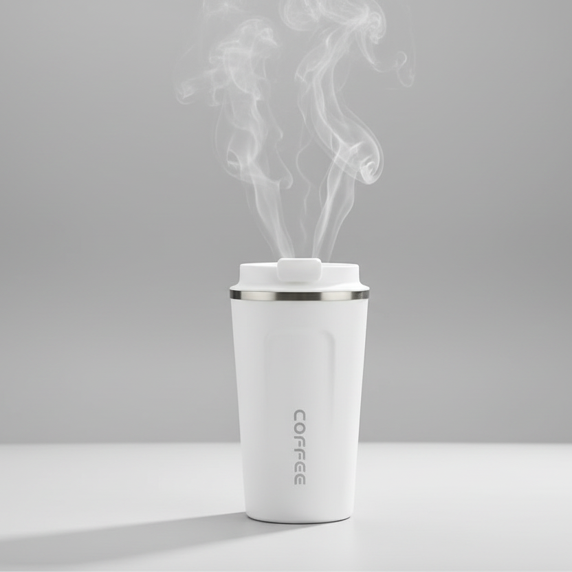 white coffee tumblers with steam rising from the black one on a wooden surface.