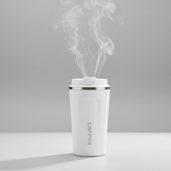 white coffee tumblers with steam rising from the black one on a wooden surface.