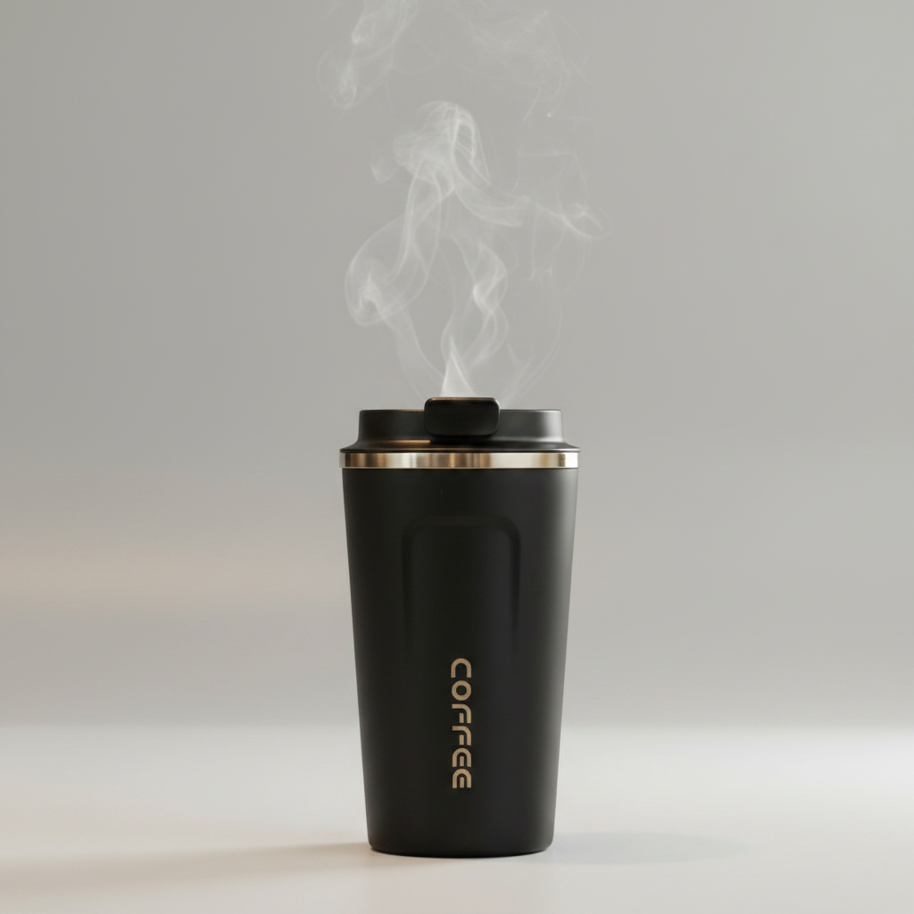 Black coffee tumblers with steam rising from the black one on a wooden surface.