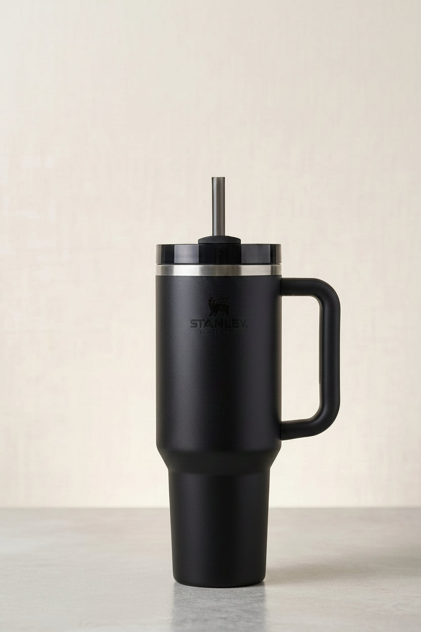 Black Stanley tumbler with handle and straw on a light background