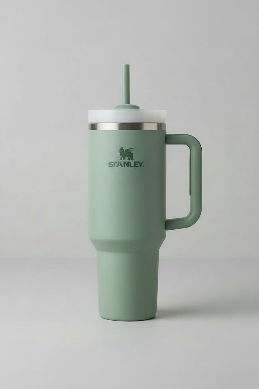 Green Stanley tumbler with handle and straw on a light background