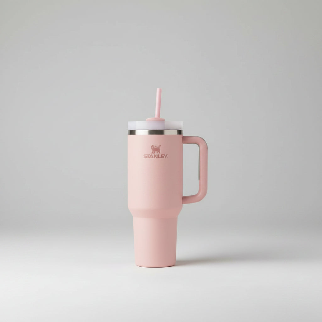 Pink Stanley tumbler with handle on a light beige background