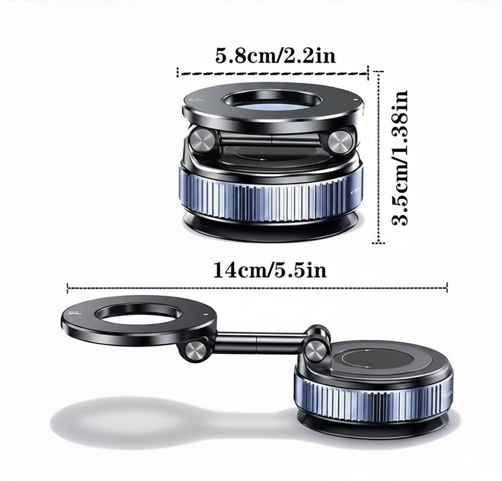 Camera lens with dimensions displayed on a white background