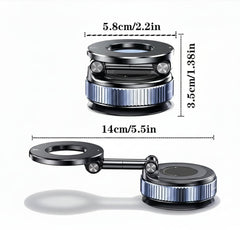 Camera lens with dimensions displayed on a white background