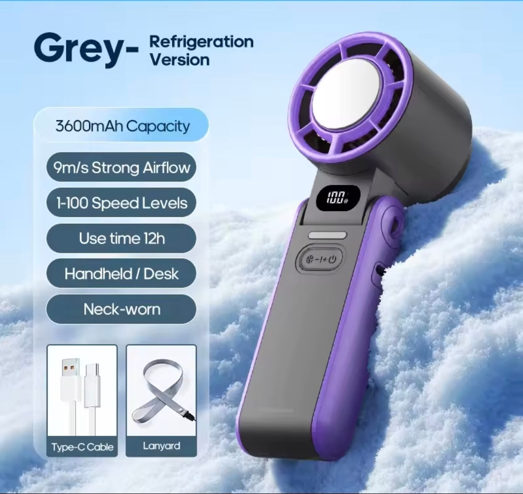 Handheld refrigeration device with specifications on a snowy background