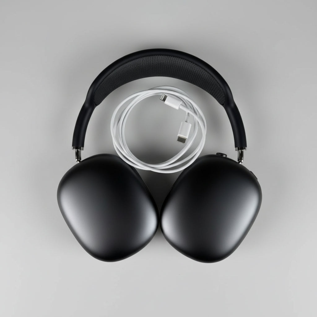 Black headphones with a cable in an open white box on a wooden surface