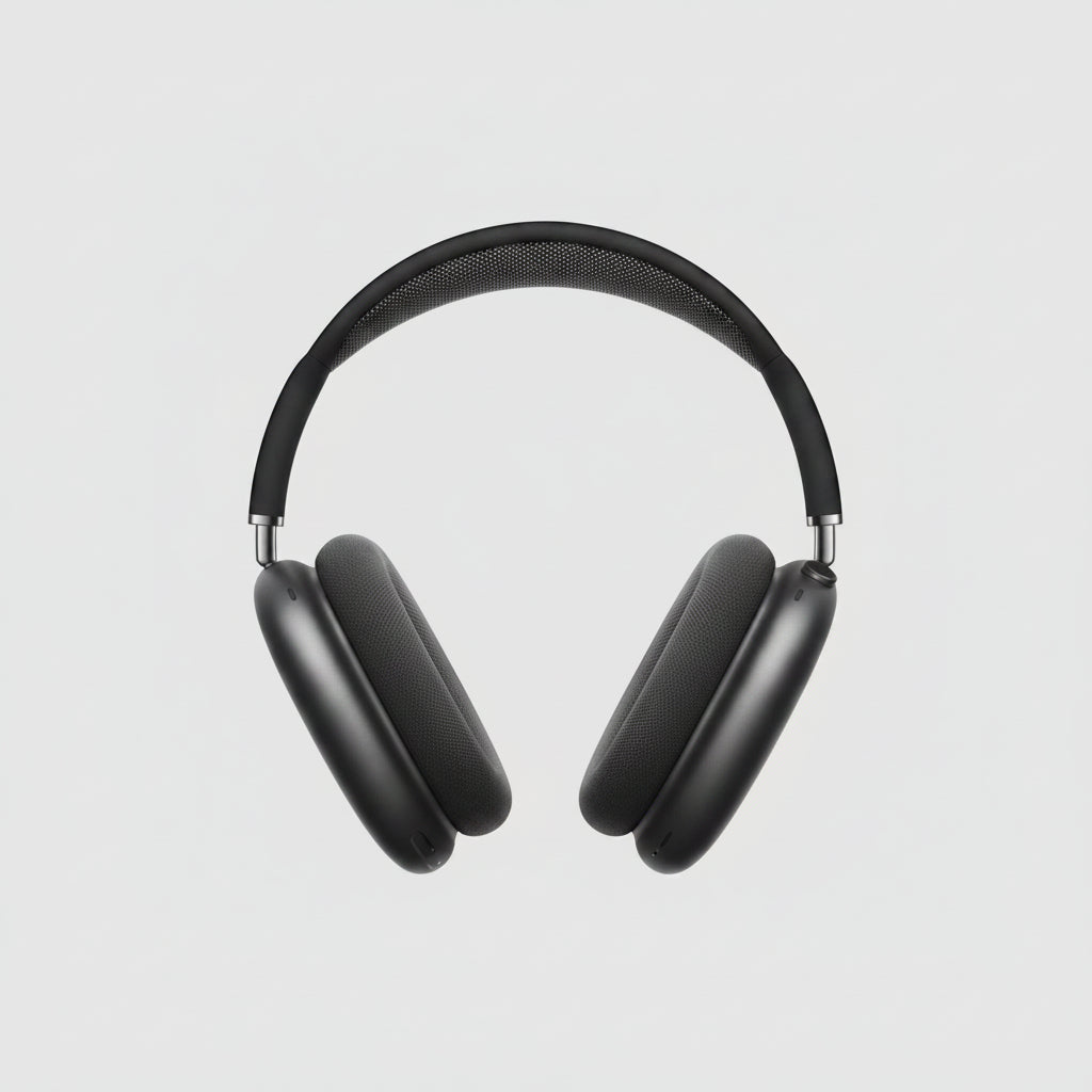 Black headphones on a white box with a light wooden surface background