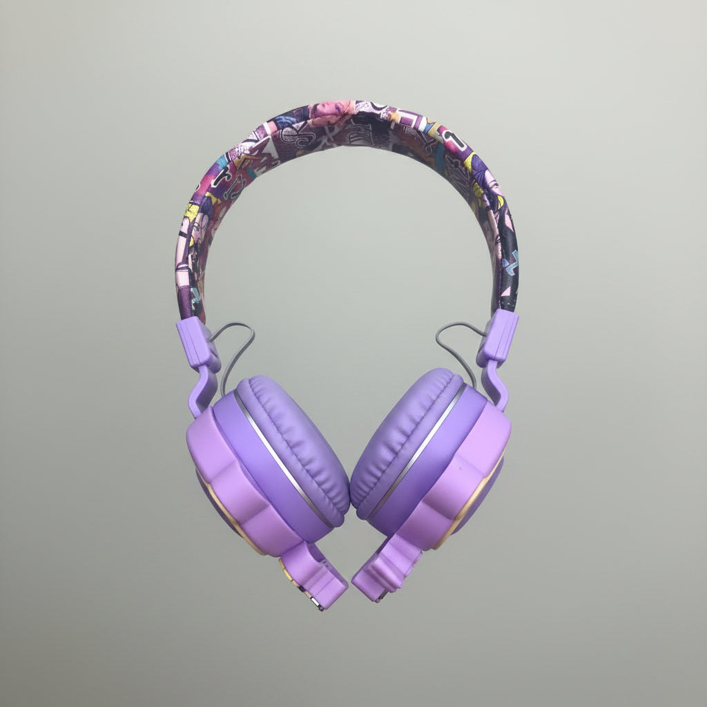 A pair of purple over-ear headphones with a colorful patterned headband, held in a person's hand against a tiled floor background.