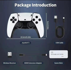 Package introduction of a gaming controller with USB cable, wireless receiver, HDMI extension adapter, and game stick on a dark background.