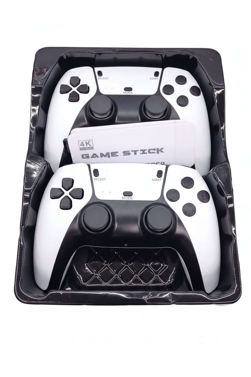 Two gaming controllers with '4K Game Stick' branding in a black case.