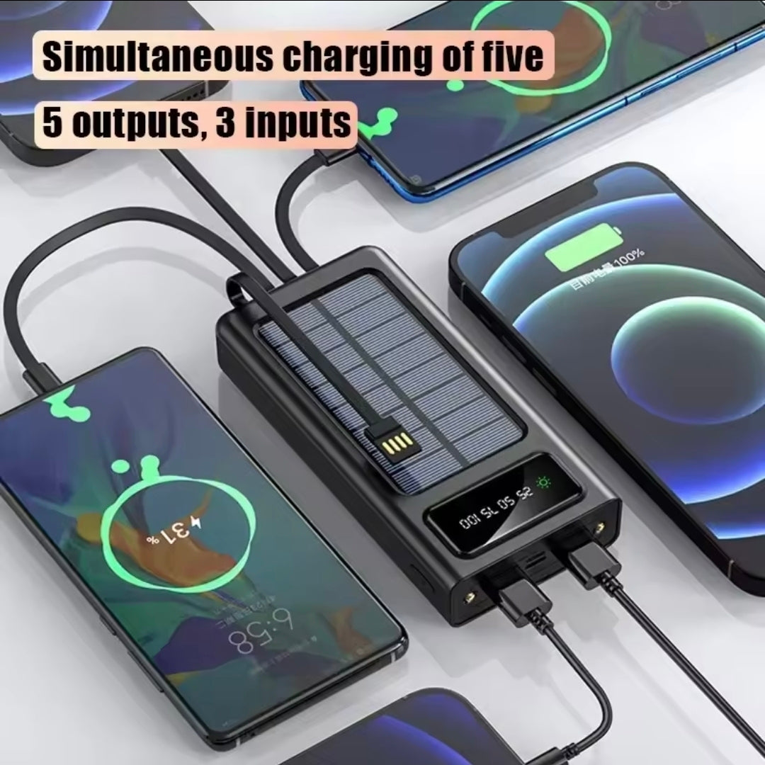 Solar Power Bank 30,000mAh with Built-in Cables & LED Flashlight