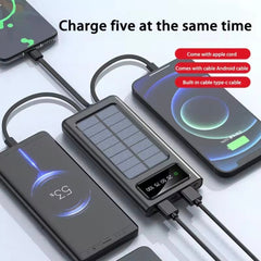 Multiple devices being charged by a solar power bank with text indicating charging capabilities.
