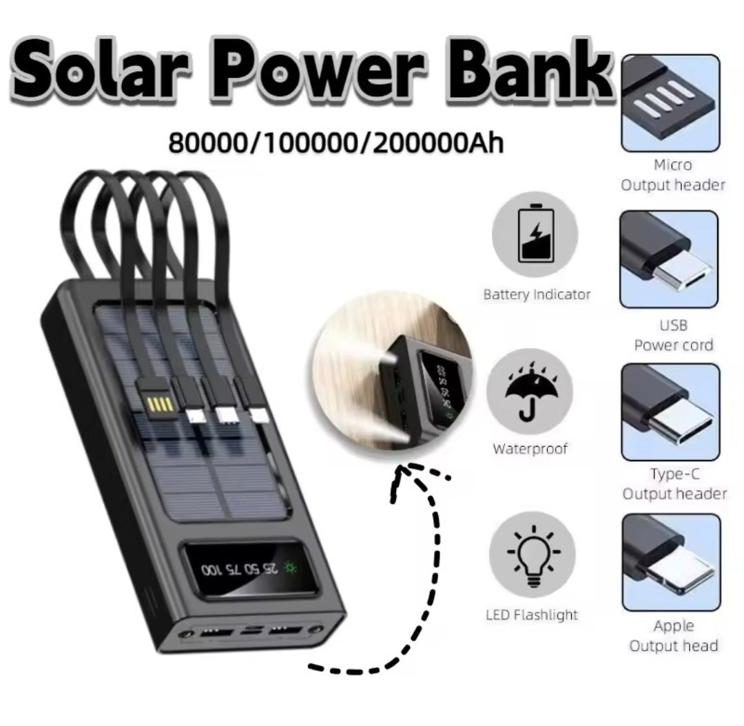 Solar Power Bank 30,000mAh with Built-in Cables & LED Flashlight