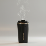 Black  coffee tumblers with steam rising from the black one on a wooden surface.