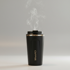 Black  coffee tumblers with steam rising from the black one on a wooden surface.