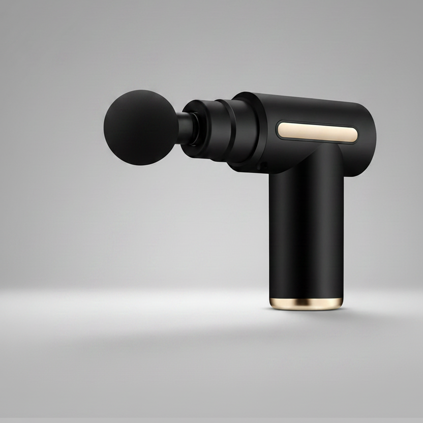 Black massage gun with attachments on a dark background