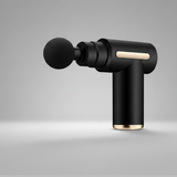 Black massage gun with attachments on a dark background